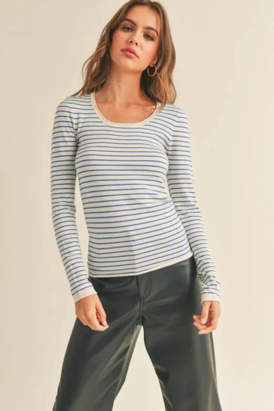 Blue Cream Striped Long Sleeve Knitted Top sold by Pinkblush