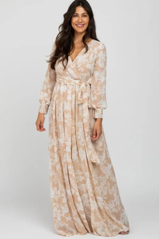 Taupe Floral Chiffon Maxi Dress sold by Pinkblush