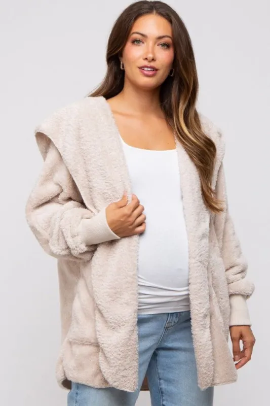 Cream Fuzzy Hooded Long Sleeve Maternity Jacket sold by Pinkblush