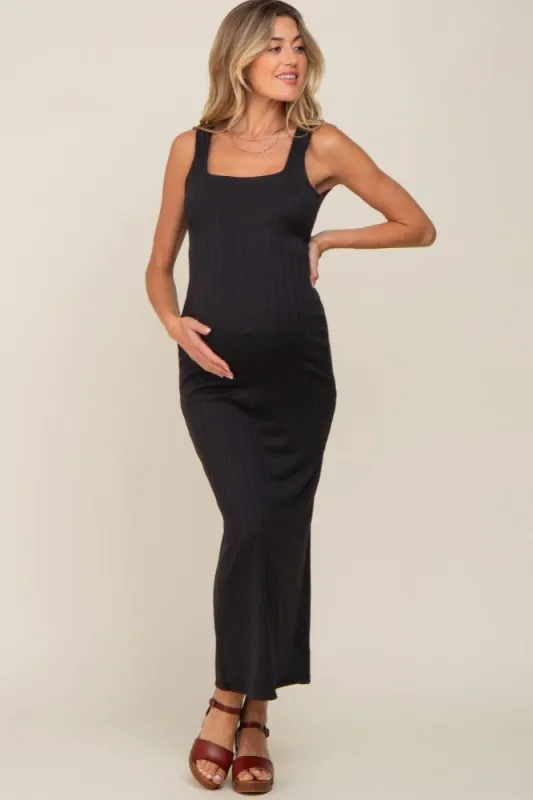 Black Ribbed Square Neck Low Scoop Back Maternity Midi Dress sold by Pinkblush