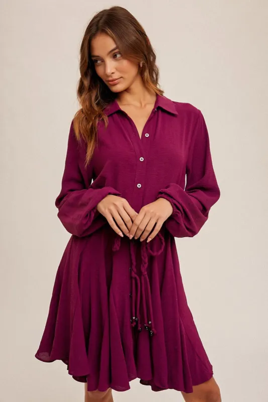 Magenta Woven Flounced Hem Belted Shirt Dress sold by Pinkblush