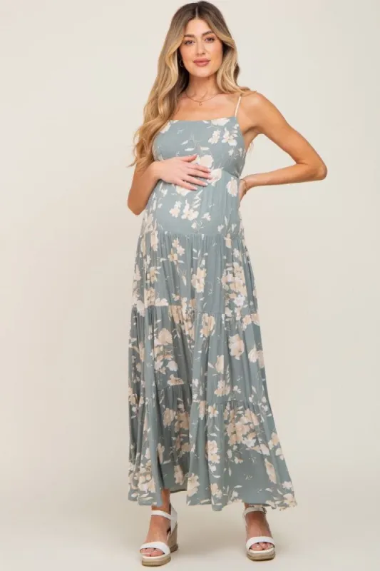 Sage Floral Tiered Maternity Maxi Dress sold by Pinkblush