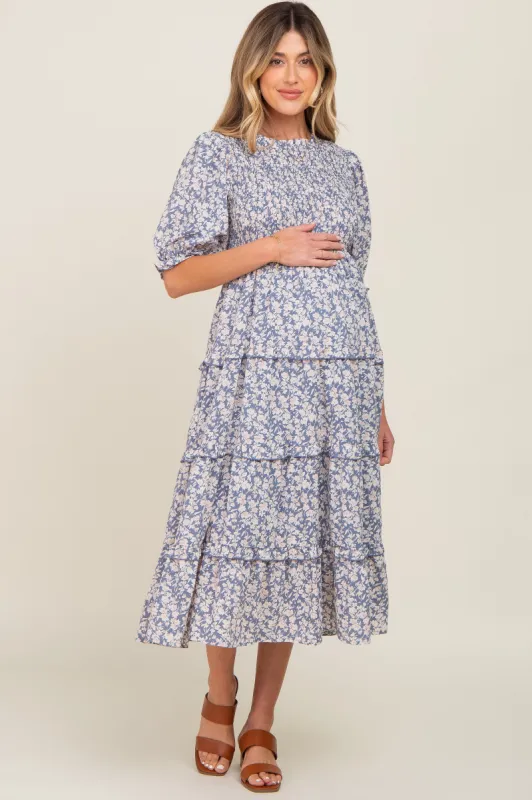 Blue Floral Smocked Tiered Maternity Midi Dress sold by Pinkblush