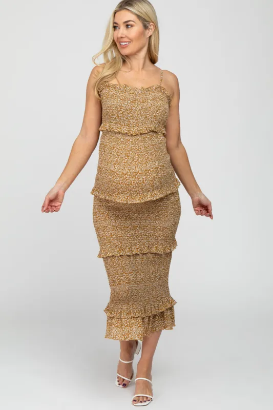 Mustard Leaf Print Smocked Fitted Maternity Midi Dress sold by Pinkblush