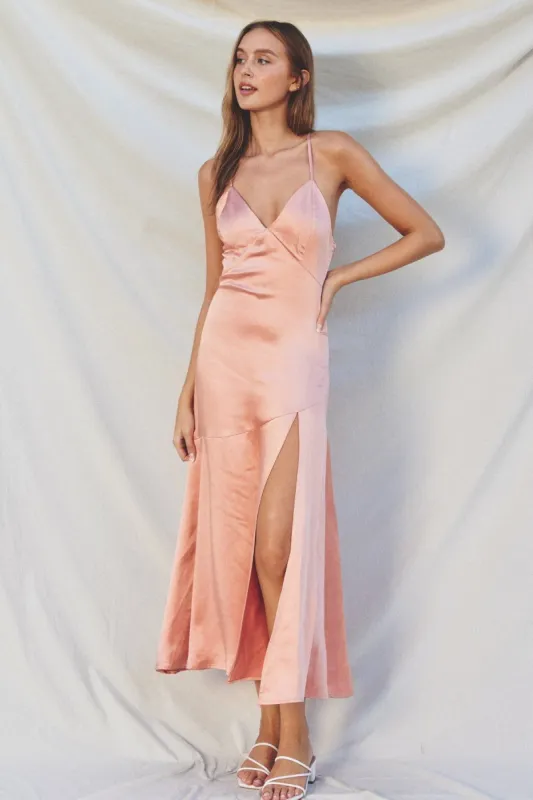 Soft Coral Satin Lace Back Slit Maxi Dress sold by Pinkblush
