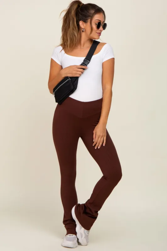 Brown Rib Knit Flare Maternity Leggings sold by Pinkblush