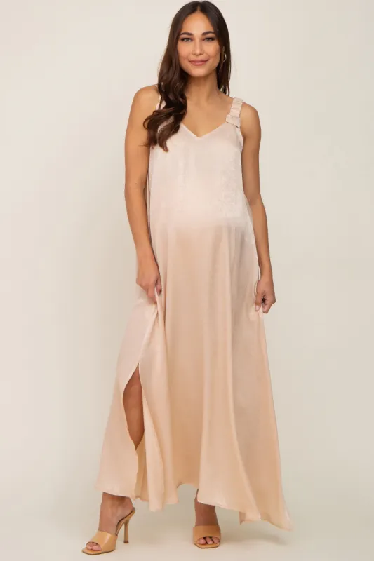 Beige Satin Side Slit Maternity Maxi Dress sold by Pinkblush