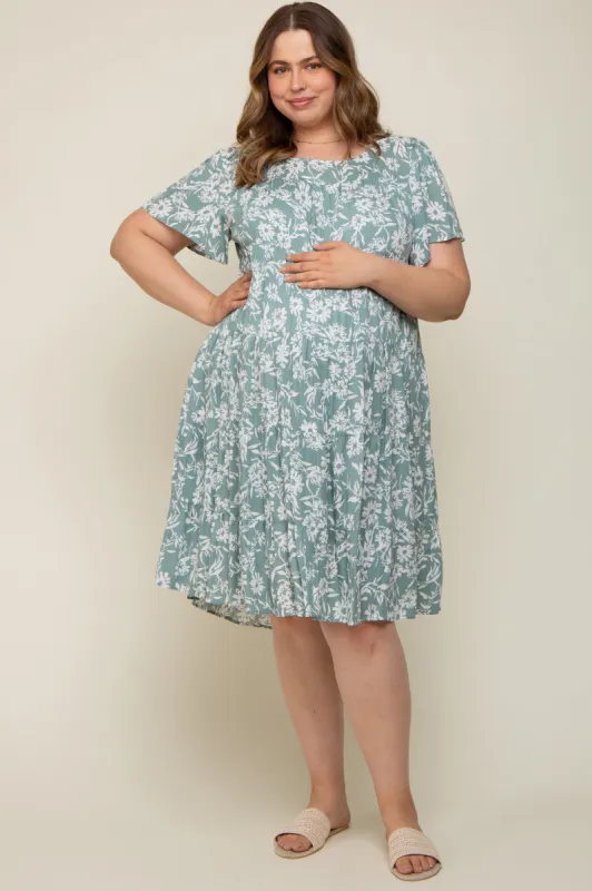 Mint Green Floral Tiered Short Sleeve Maternity Plus Midi Dress sold by Pinkblush