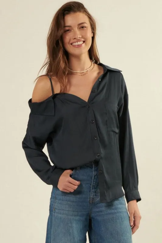Indigo One Shoulder Collar Neck Long Sleeve Satin Shirt sold by Pinkblush