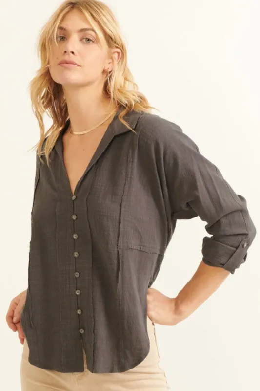 Charcoal Solid Cotton Exposed Seam Dolphin Hem Shirt sold by Pinkblush