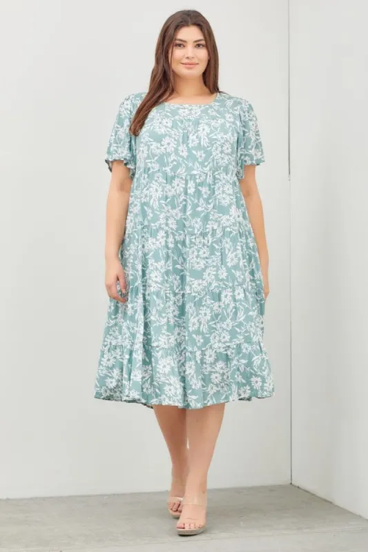 Mint Green Floral Tiered Short Sleeve Plus Midi Dress sold by Pinkblush