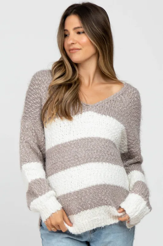 Mocha Striped V-Neck Eyelash Maternity Sweater sold by Pinkblush