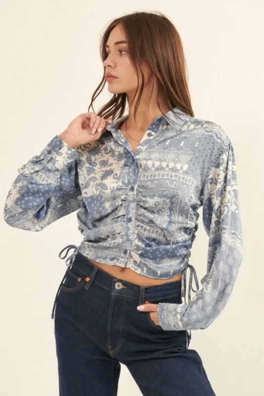Blue Paisley Patchwork Print Collar Neck Woven Blouse sold by Pinkblush