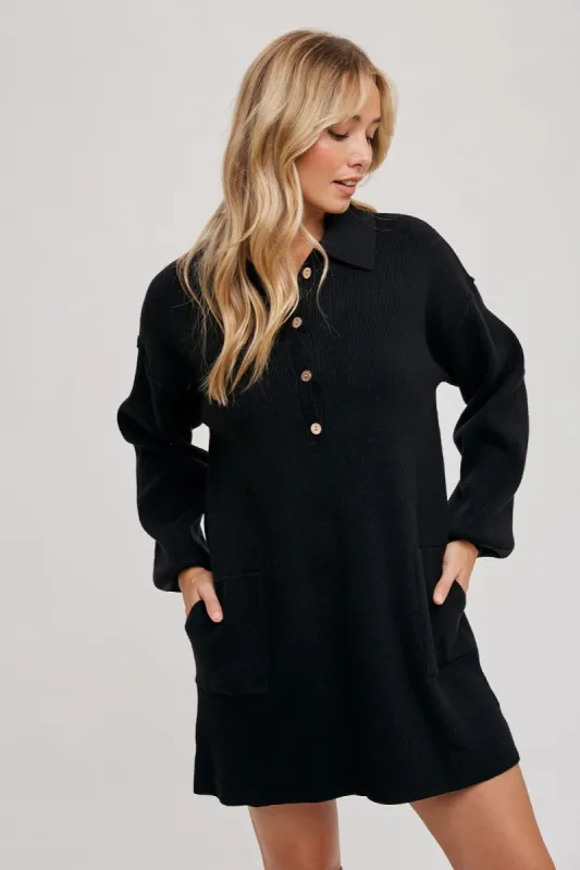 Black Corduroy Knit Half Button Dress sold by Pinkblush