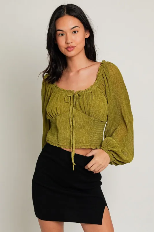 Green Puff Long Sleeve Smocked Crop Blouse Top sold by Pinkblush