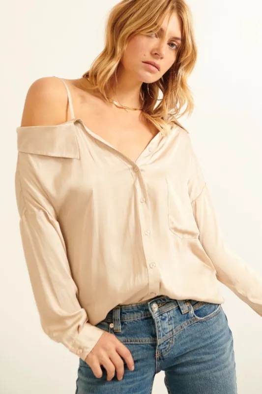 Sand One Shoulder Collar Neck Long Sleeve Satin Shirt sold by Pinkblush