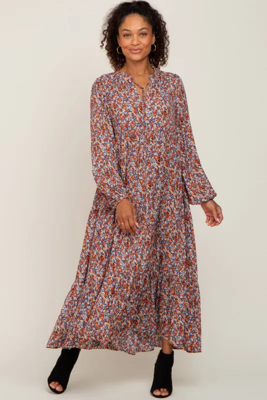 Rust Floral Tiered Long Sleeve Dress sold by Pinkblush