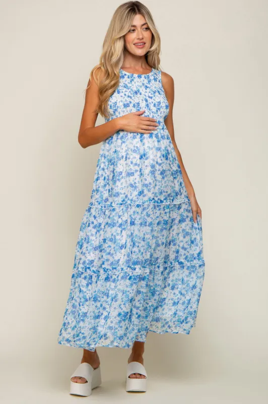 Blue Floral Sleeveless Tiered Maternity Maxi Dress sold by Pinkblush