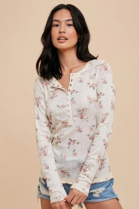 Mauve Floral Long Sleeve Henley Top sold by Pinkblush