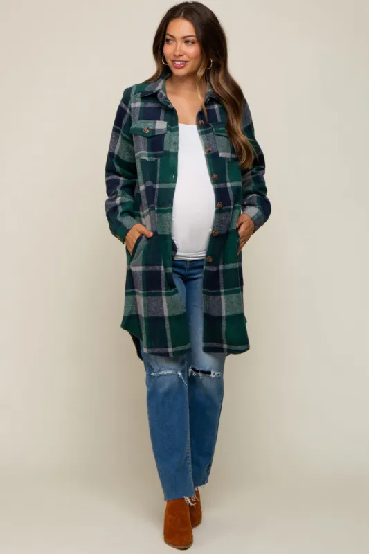 Green Plaid Fleece Maternity Long Shirt Jacket sold by Pinkblush