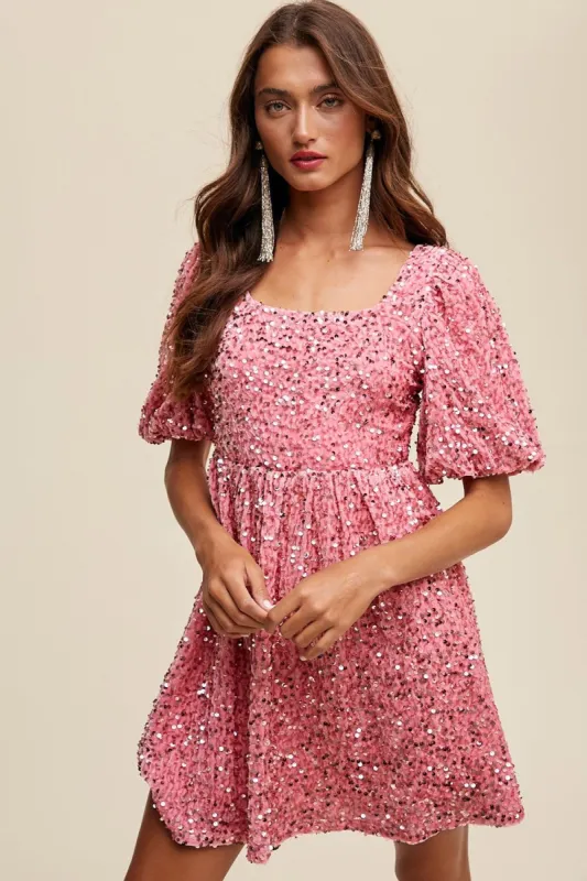 Pink Sequin Puff Sleeve Velvet Babydoll Dress sold by Pinkblush