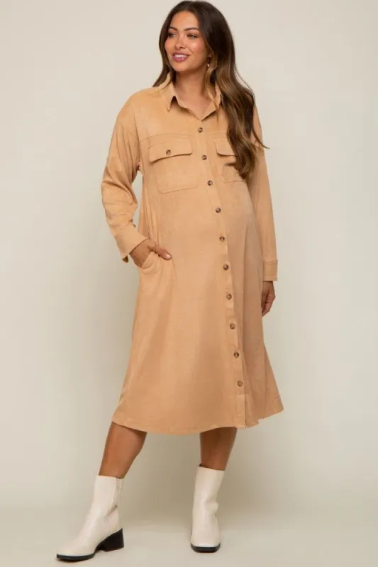 Camel Knit Corduroy Button Down Maternity Midi Dress made by Pinkblush
