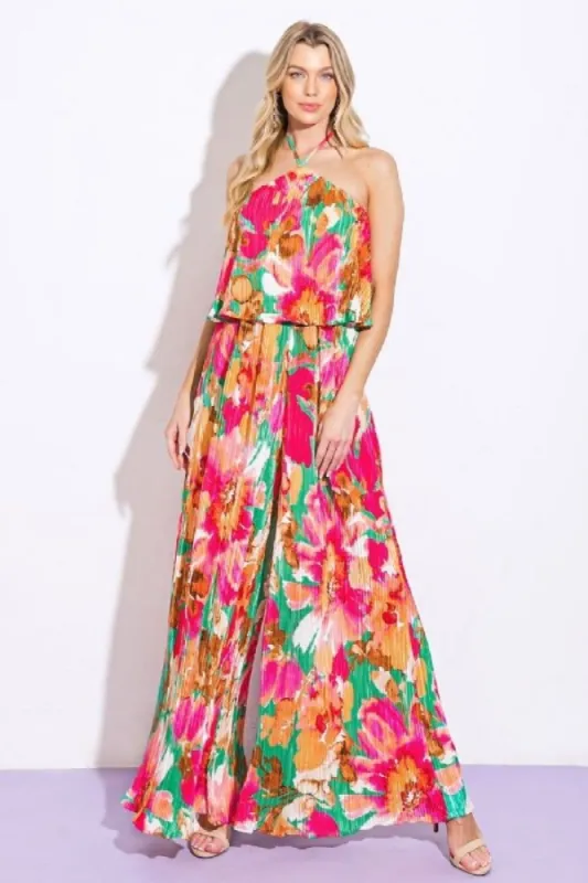 Turquoise Abstract Floral Pleated Jumpsuit sold by Pinkblush