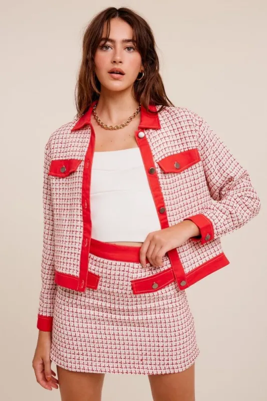 Red Plaid Tweed Jacket Skirt Set sold by Pinkblush