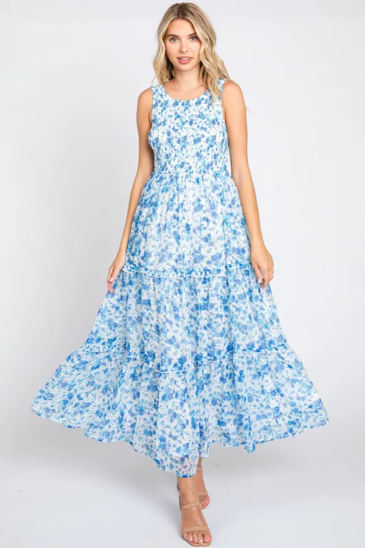Blue Floral Sleeveless Tiered Maxi Dress sold by Pinkblush