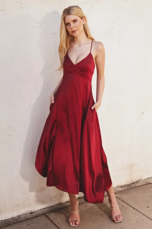 Ruby Satin Handkerchief Hem Midi Dress sold by Pinkblush