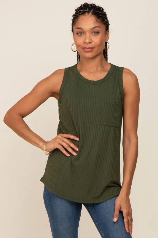 Olive Sleeveless Ribbed Pocked Top sold by Pinkblush