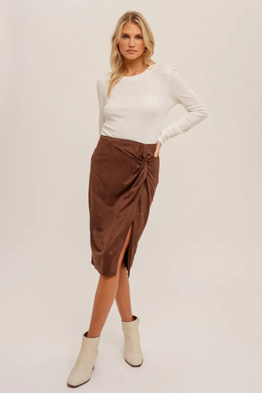 Chocolate Twist Detailed Suede Midi Skirt sold by Pinkblush