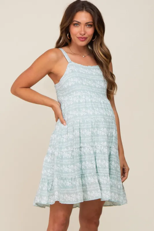 Mint Green Floral Square Neck Tiered Maternity Dress sold by Pinkblush