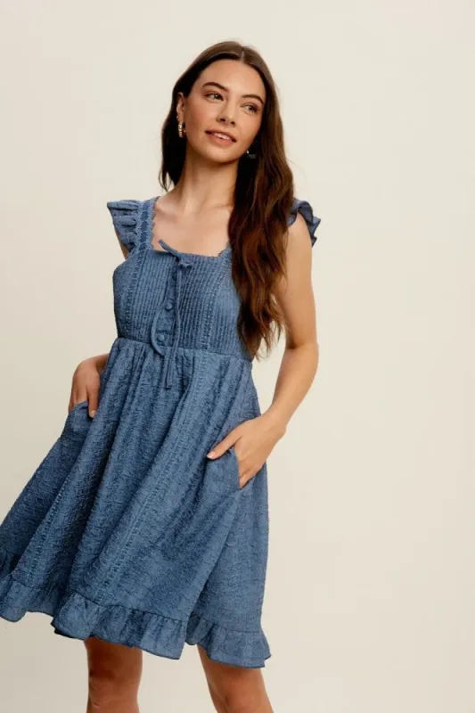 Denim Pleated Feminine Ruffle Woven Mini Dress sold by Pinkblush