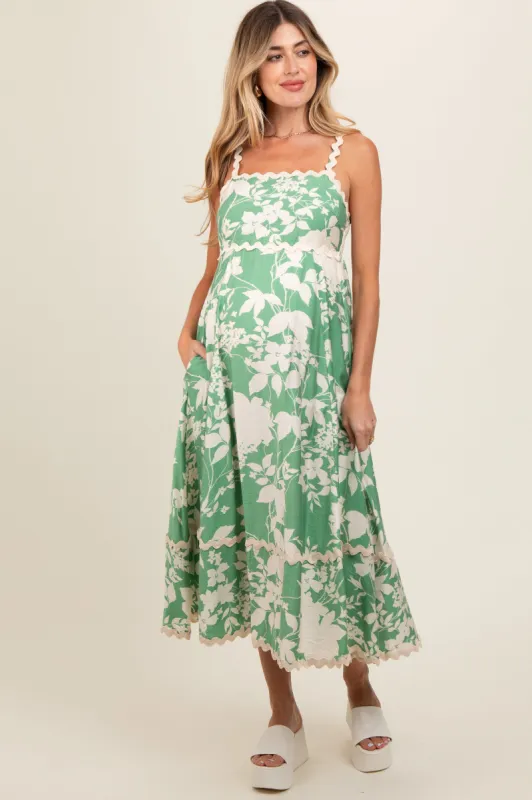 Green Floral Wave Trim A-Line Maternity Midi Dress sold by Pinkblush