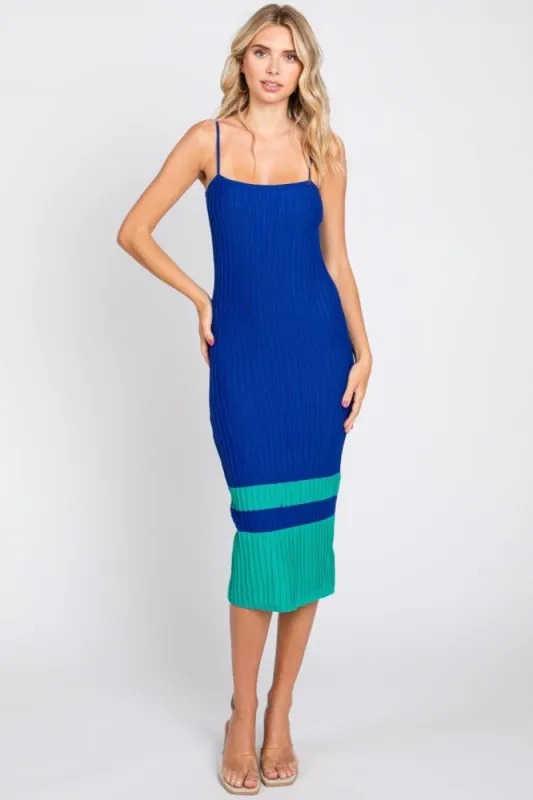 Royal Blue Colorblock Knit Fitted Midi Dress sold by Pinkblush