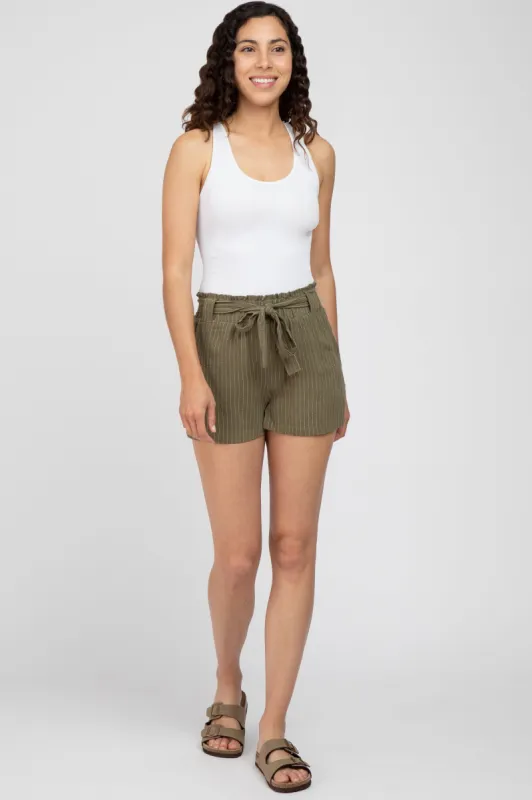Olive Pinstriped Belted Shorts sold by Pinkblush