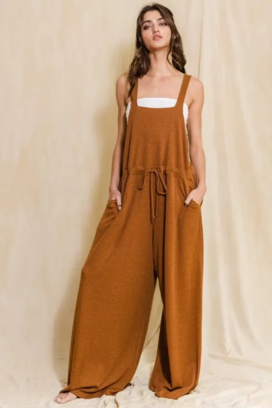 Camel Wide Leg Solid Knit Jumpsuit sold by Pinkblush