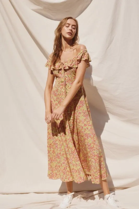 Green Multi Flower Patch Ruffled Chest Midi Dress sold by Pinkblush