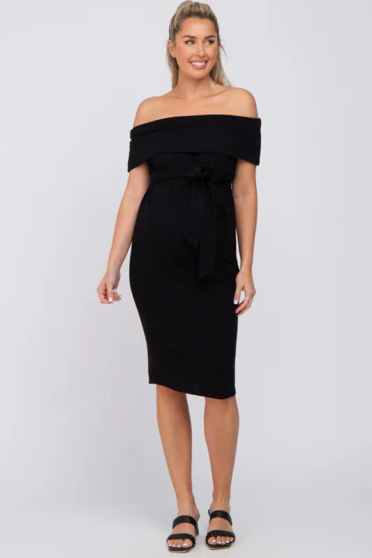 Black Folded Off Shoulder Waist Tie Maternity Midi Dress sold by Pinkblush