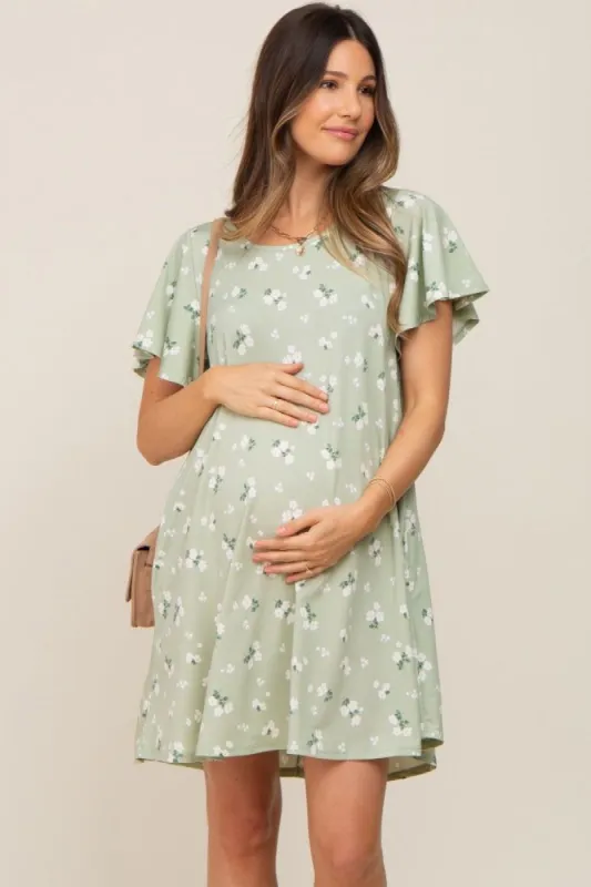 Sage Floral Flounce Sleeve Maternity Dress sold by Pinkblush
