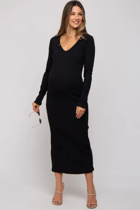 Black Ribbed Long Sleeve Maternity Maxi Dress sold by Pinkblush