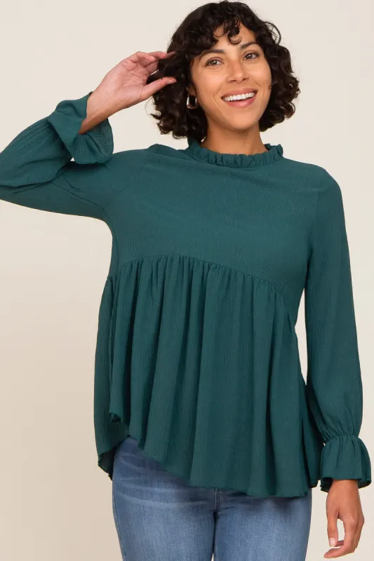 Emerald Green Long Sleeve Ruffle Peplum Blouse sold by Pinkblush