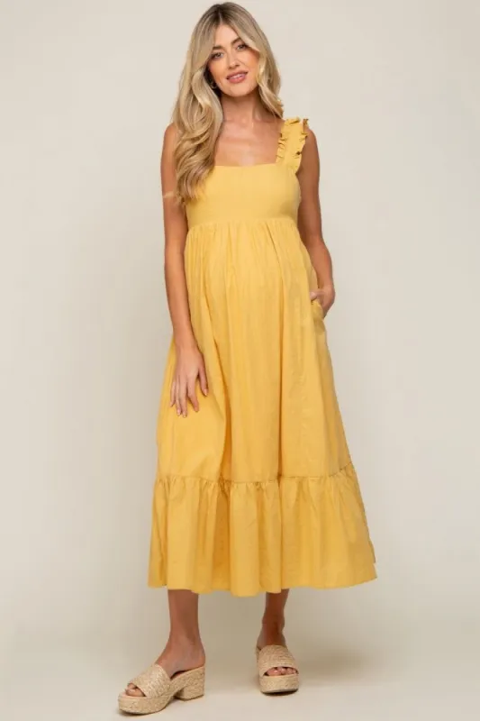 Yellow Ruffle Accent Back Tie Maternity Midi Dress sold by Pinkblush