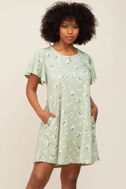 Sage Floral Flounce Sleeve Dress sold by Pinkblush