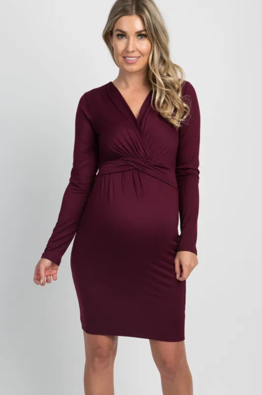 PinkBlush Burgundy Draped Front Long Sleeve Maternity/Nursing Dress sold by Pinkblush