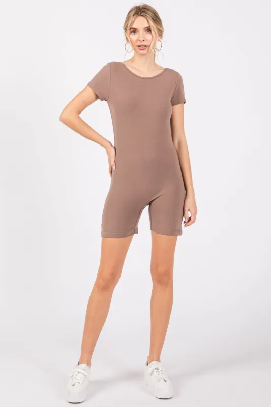 Mocha Fitted Short Sleeve Romper sold by Pinkblush