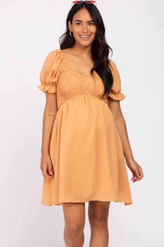 Peach Smocked Puff Sleeve Maternity Dress sold by Pinkblush