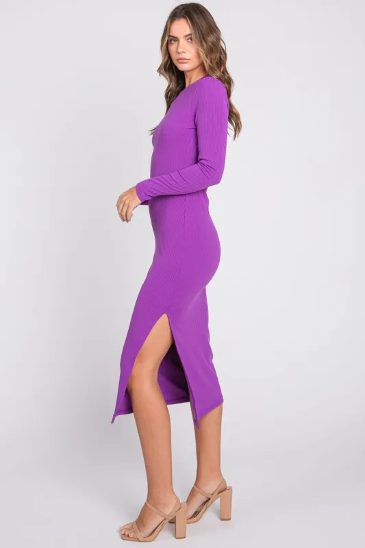 Purple Ribbed Mock Neck Long Sleeve Midi Dress sold by Pinkblush