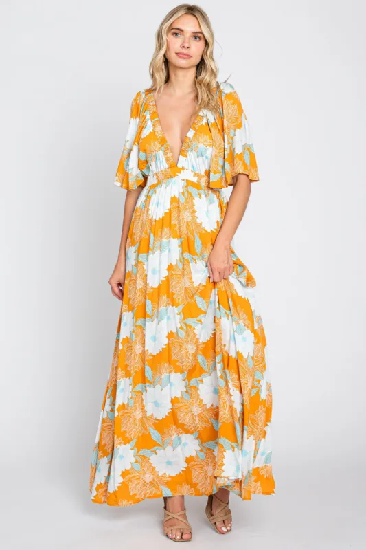 Orange Floral Deep V-Neck Maxi Dress sold by Pinkblush